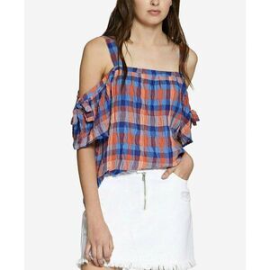 Sanctuary Cold Shoulder Blouse Top Women's XS Blue Orange Plaid Tie-Sleeve NEW‎